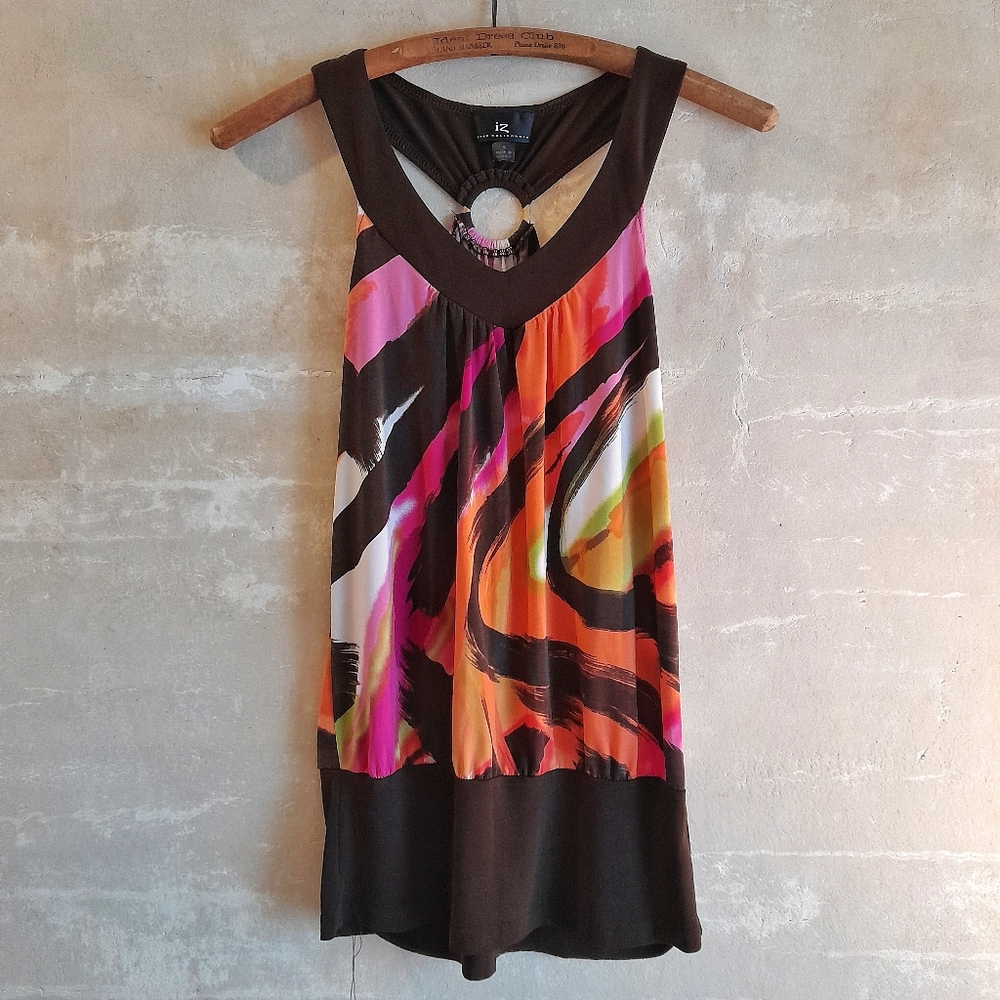 496a. brown & pink vintage Iz Byer California sleeveless blouson tank top, S